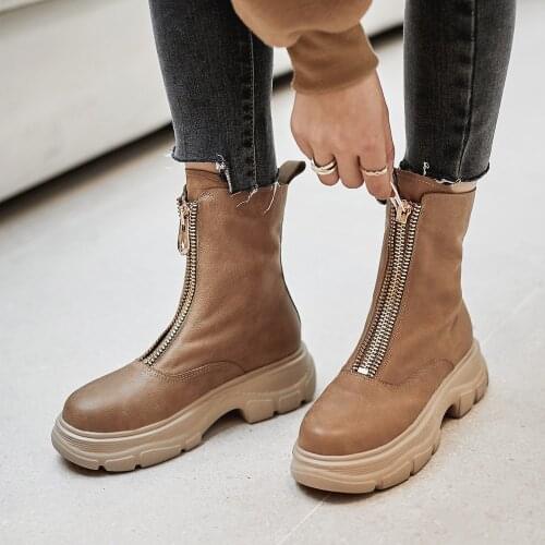 Fashion Women Autumn Winter Platform Shoes Ladies Leather Ankle Boots Round Toes Zipper Martin Boots Girls Footwear Black Beige