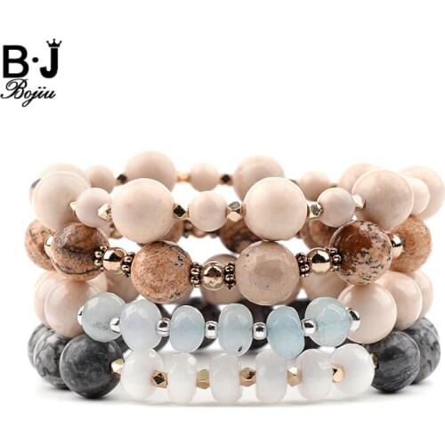 BOJIU 10mm Natural River Stone Bracelets For Women Vintage Banded Jaspers Beige Marble Beads Quartz Bracelet Femme Jewelry BC265