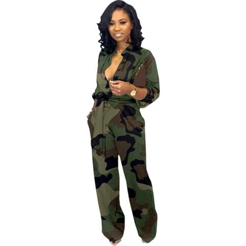 Autumn Casual Rompers Womens Jumpsuit Plus Size Camouflage Print Jumpsuit Long Sleeve Pockets Loose Wide Leg Jumpsuit Overalls