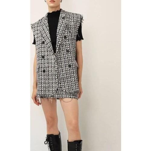 2021 Za spring and autumn womens fashion with polished tweed vest Vintage sleeveless pocket womens Vest fashion check top