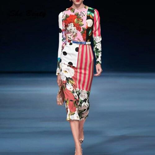 Runway 2021 Fashion Dress Women High Waist Striped Polka Dot Floral Printed O-Neck Long Sleeve Boho Beach Clothes Party Dresses