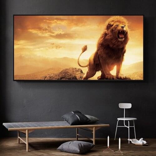 Golden Abstract African Lion on Mountain Oil Painting on Canvas Animal Art Wall Picture Poster for Living Room Cuadros Decor