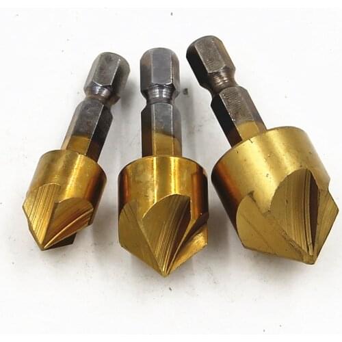 1/4" Hex 3pcs 12mm 16mm 19mm Chamfering Debur Countersink Drill Bit 5 Flute 82 Degree Set For Wood Quick Change Countersink Bits