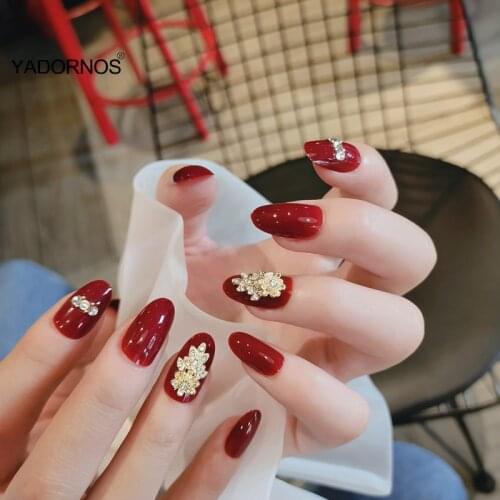 24pcs decorated false nails Red Wine Nail Patch Glue Type Removable Long Paragraph Fashion Manicure Save Time False Nail Patch