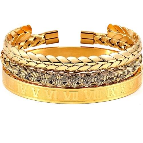 New Fashion Grain Bracelet Set Stainless Steel Cable Wire Weave Woven Bangles Roman Bracelets For Men Punk Jeweley 3pcs