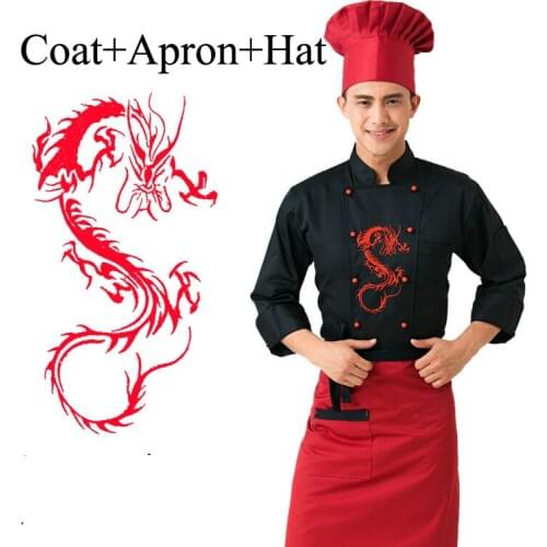 3 Pcs Hotel Chef Uniform with Apron Hat Male Restaurant Kitchen Chinese Cooking Wear Dragon Cook Outfit Men Service Clothes 8