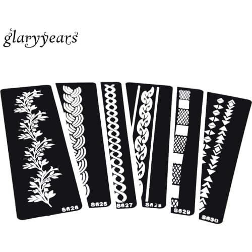 6 Sheets Hollow Henna Tattoo Stencil Rope Grid Pattern Bracelet Design Women Makeup Body Paint Art Tattoo Stencil Decal S600#05