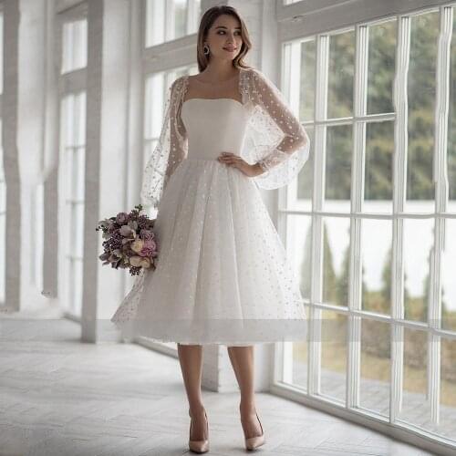 White Dot Short Wedding Dresses Knee-Length Long Puff Sleeves Tulle Lace Up Strapless A-Line Bridal Gowns Plus Size Custom Made