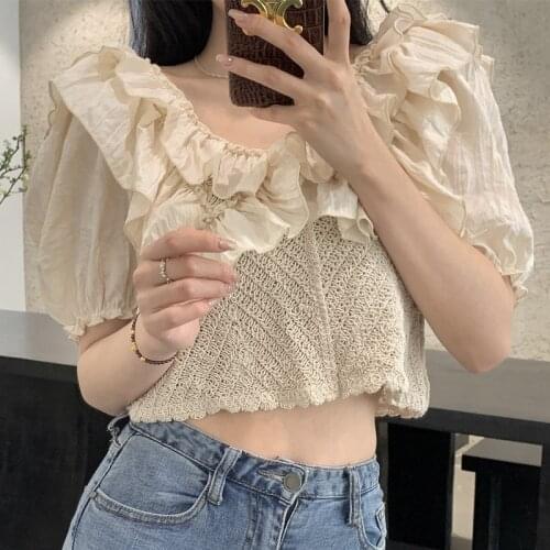 France Style Elegant Ruffles V-Neck Short Puff Sleeve Knitted Beige White Lace Shirt Blouse Women Crop Tops 2021 Summer Tops
