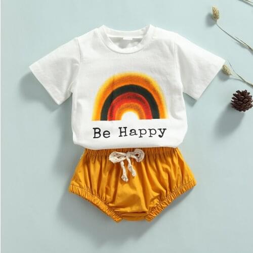 FOCUSNORM 0-24M Lovely Baby Girls Boys Clothes Sets 2pcs Rainbow Printed Short Sleeve T Shirts Elastic Solid Shorts