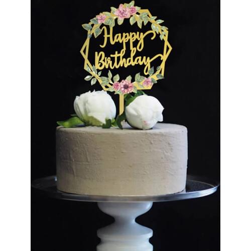Exquisite Colored flowers Happy Birthday Cake Topper Golden Acrylic Birthday Party Dessert Decor for Baby shower Baking supplies