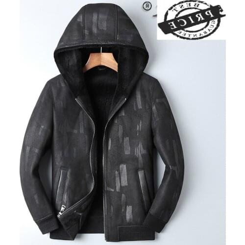 Leather Real Genuine Jacket Men Hooded Winter Sheepskin Coat Short Wool Lining Mens Leather Jackets Blouson Cuir Homme