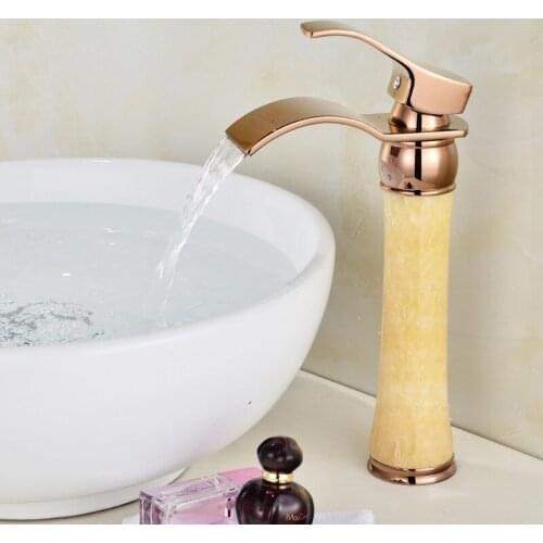 Bathroom Basin Faucet Sink Mixer Tap Soild Brass & Jade Waterfall Faucet Hot & Cold Single Handle Lavatory Crane Water Faucet