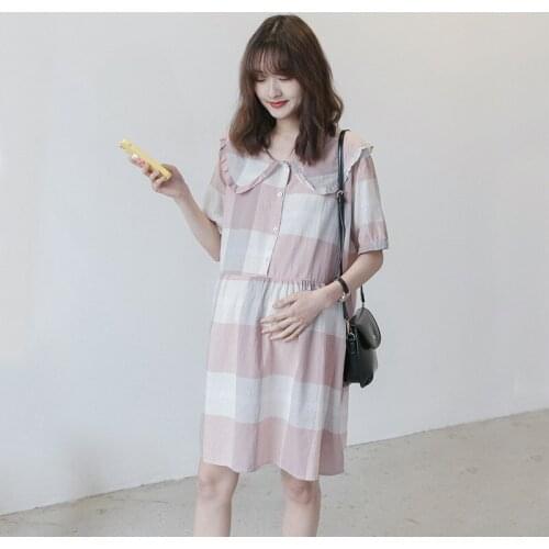 Summer Maternity Pink Plaid Dresses Expectant Mother Peter Pan Collar Dress Pregnant Women Loose Fashion Dress Pregnancy Clothes