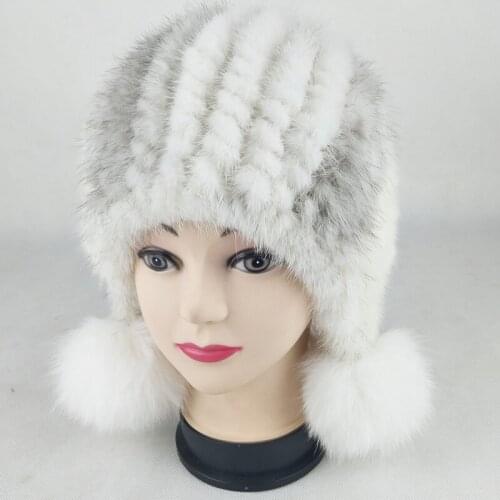 H7536 Fur Knitted Beanies Hat Female Winter Thermal Warm Skullies Cap Women Outdoor Thickened Ear Protection Solid Color Hats