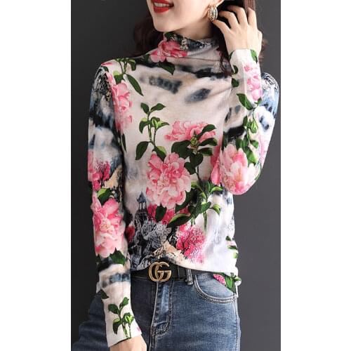 New 2021 Women Autumn Casual Turtleneck Floral Printing Blouse Female Fashion Long Sleeve Knitted Shirt Tops Plus Size W748