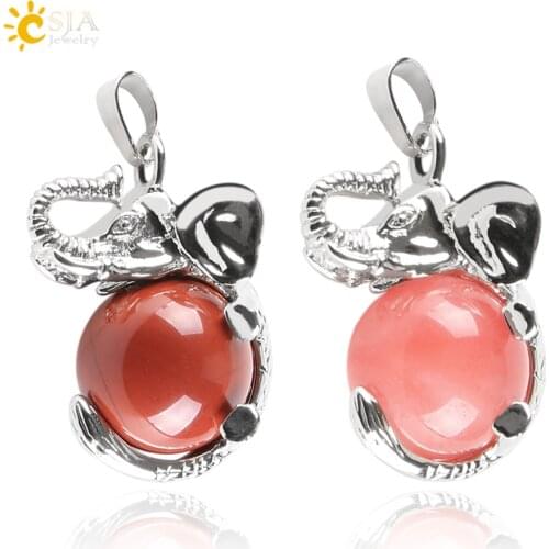 CSJA Lucky Elephant Carved Necklace Pendants Natural Round Stone Beads Women Men Trendy Semi-precious Healing Reiki Jewelry E285