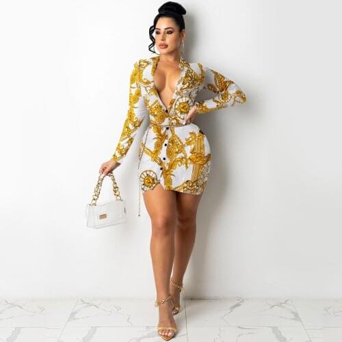2021 Best Quality Famous Brand Dress Luxuxy Print V-neck Long Sleeve Sexy Night Club Mini Dress Vestidos