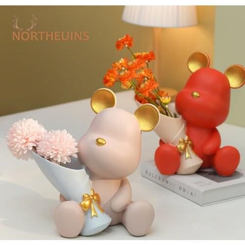 NORTHEIUNS Resin Bear Hold Vase Nordic Modern Figurine Home Living Room Decoration Desktop Decor Accessories Creative Flower Pot