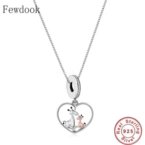 Real 925 Sterling Silver Heart Mom Love Baby Giraffe Long Deer Pendant Necklace For Women Girl Chain Choker Trinket 2021 Trends