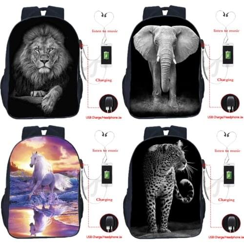 Animal Lion Elephant Deer Zebra Horse School Backpack USB Charging Rucksack 3D Printing Galaxy School Bags for Kids Boys Girls