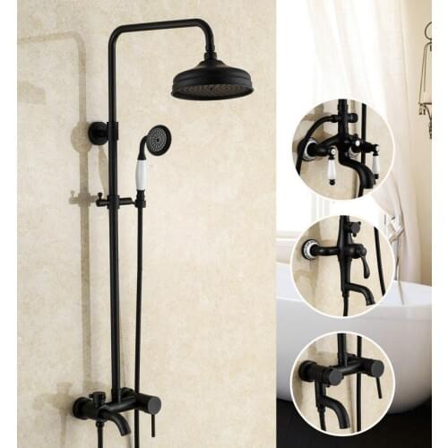 Bathroom Antique Black Paint Solid Brass Shower Set Wall Mounted 8" Rainfall Shower Mixer Tap Faucet 3-functions Mixer Valve