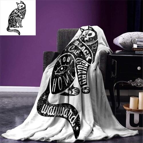 Modern Throw Blanket Black Fortune Magician Skull Cat Drawing with Part Magical Quote Artwork Image Warm Microfiber Blanket
