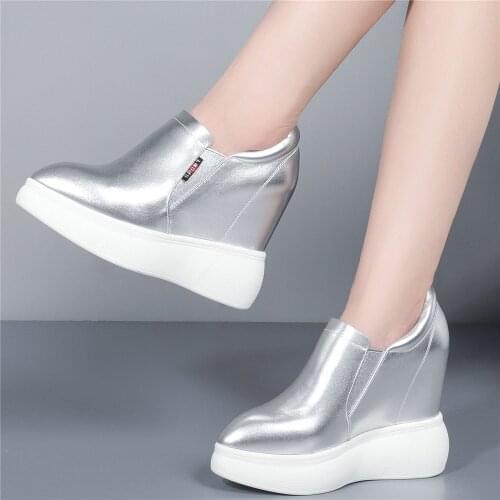 12cm High Heel Fashion Sneakers Women Slip On Genuine Leather Wedges Ankle Boots Female Pointed Toe Platform Pumps Casual Shoes
