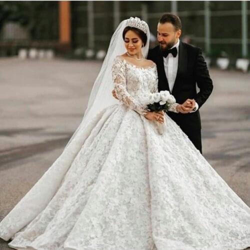 Vintage Lace Ball Gown Wedding Dresses Sheer Neck Off Shoulder Long Sleeve Bridal Gowns Puffy Skirt Wedding vestidos de no