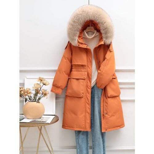 Women 2021 Winter Fashion Loose White Duck Down Jackets Female Long Thick Warm Coats Ladies Real Fox Fur Hooded Outerwear R294