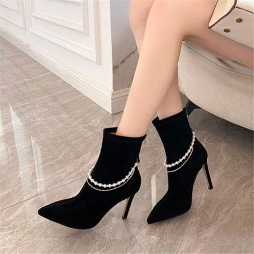 PXELENA Celebrity Lady String Beads Crystal Chain Women Ankle Boots Stiletto High Heels Party Dress Date Show Shoes 2022 Fall 41