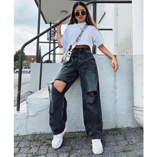 2021 Summer Womens Jeans High Waist Black Denim Straight Pants Washed Baggy Jeans Ripped Jeans for Women
