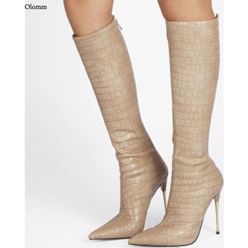 Olomm New Women Winter Knee Boots Stone Metal Stiletto Heel Pointed Toe Gorgeous Khaki Coffee Club Wear Shoes Women US Size 5-13