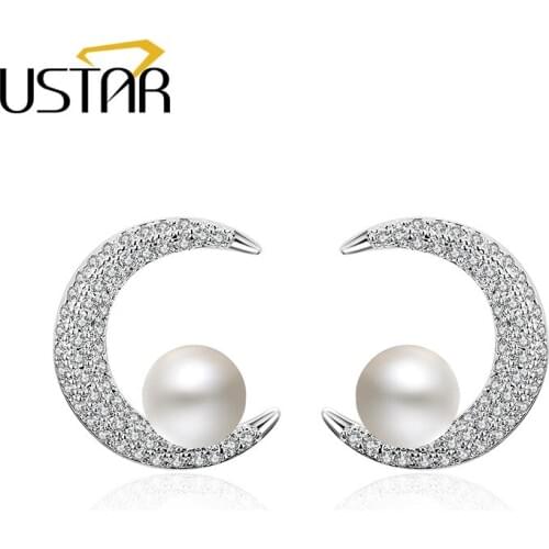 USTAR NEW Simulated Pearl Moon Stud Earring for Women Silver color 2017 Fashion Jewelry Crystals Earrings female Ear brincos
