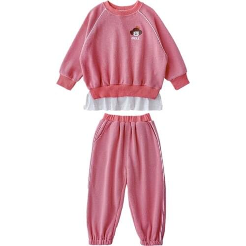 ZWF372 Autumn Winter Toddler Kids Baby Girls Clothes Tracksuit Sets Pink Long Sleeve Pink Tops Long Pants Outfits 2-10 Years