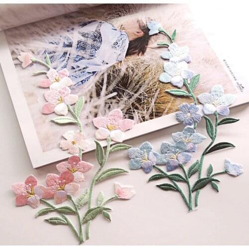 1Pc Pink Blue Flowers Patch Iron on Applique for Clothes Apparel Diy Accessories Embroidered Repair Holes Sticker