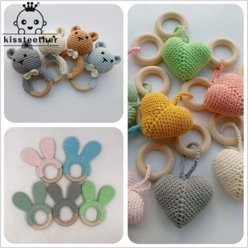 Kissteether 1pc Baby Teether Safe Wooden Toys Mobile Pram Crib Ring DIY Crochet Rattle Soother Bracelet Teether Set Baby Product