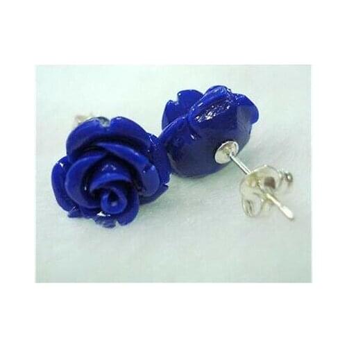 12mm Blue Coral earrings carved flower 925 silver