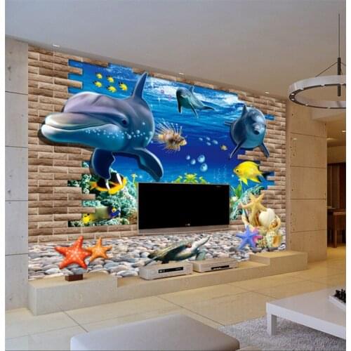 3D Blue Ocean Wall Kid Baby Bedroom DIY Mural Wall Sticker Decoration Lamp TV backdrop wallpaper