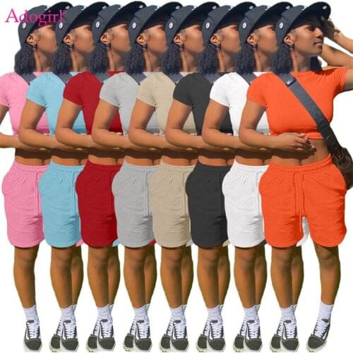 Adogirl Women Solid Pockets Casual Active Two Piece Set Short Sleeve T-shirt Crop Top Loose Shorts Suit Summer Female Tracksuit