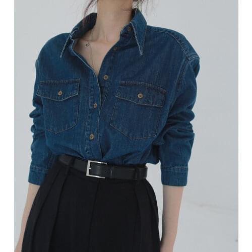 Blouse Women Denim Shirt Women Dark Blue Loose Denim Jacket Women Blusas Mujer De Moda
