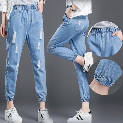 Plus Size 3XL Floral Embroidery Boyfriend Ripped Jeans For Women Harem Pants Up Drawstring Denim Jeans Vaqueros Mujer