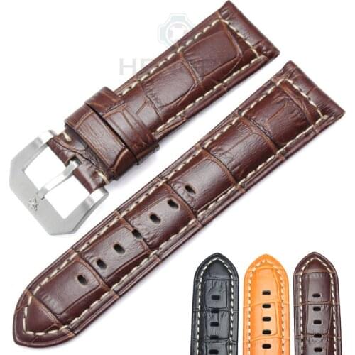 HENGRC Watchbands 24mm Brown Black Genuine Leather Women Wen Watch Strap Band Metal Pin Buckle Panerai Watch Accessories