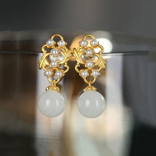 Natural Hetian Jade White Jade Pearl Stud Earrings Graceful Personality S925 Sterling Silver round Beads Stud Earrings Earring P