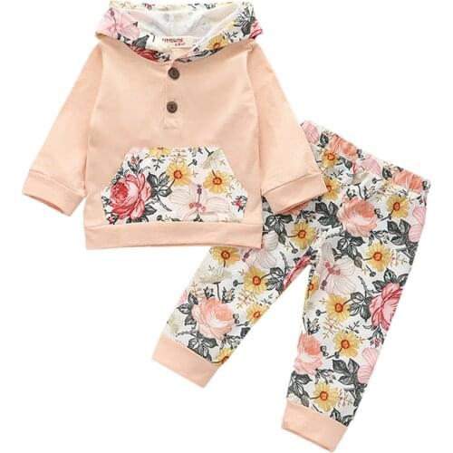 2021 Spring and Autumn Baby Girls Two-piece Clothes Set, Apricot Floral Printed Pattern Hooded Pullover and Pants