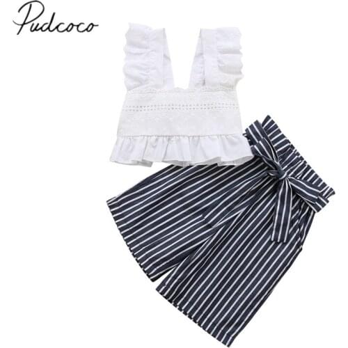 2018 Brand New Fashion Toddler Baby Girls Clothes Sets 2PCS Sleeveless White Lace Floral Vest Crops Tops Striped Wide Leg Pants