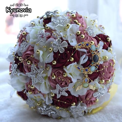 Kyunovia Charming Moon Star Brooch Bouquet Satin Ribbon Brides Bouquet Bridal Bouquet Beads Burgundy Roses Wedding Bouquet FE43