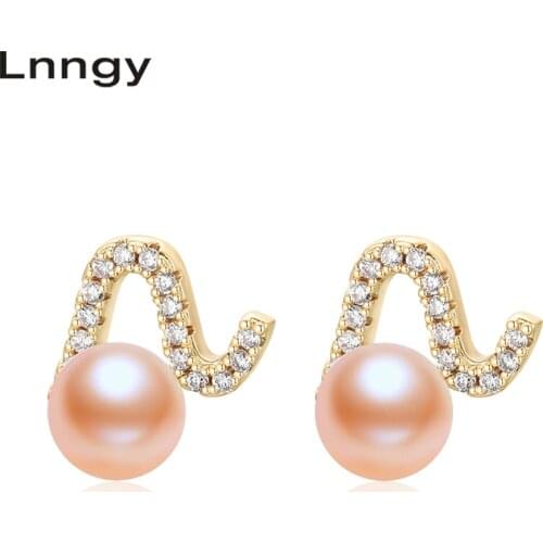 Lnngy 14K Gold Filled Earrings 6-6.5mm Natural Cultured Freshwater Pearl Fashion Stud Earrings Women Party Fine Jewelry Earrings