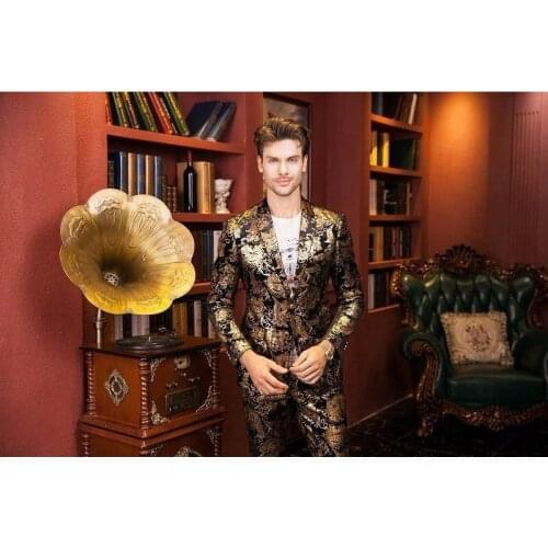 Mens Suits With Pants Terno Masculino Floral Men Prom Suit Men Costume Homme Gold Tuxedo Jacket Christmas Gold suit