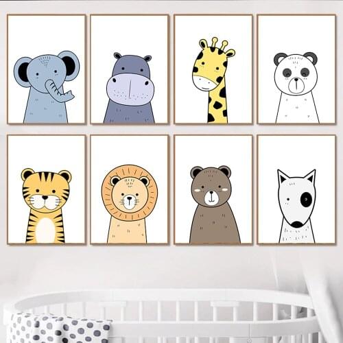 Elephant Giraffe Hippo Lion Animal Nursery Wall Art Posters Prints Canvas Painting Children Picture Nordic Kids Baby Room Decor